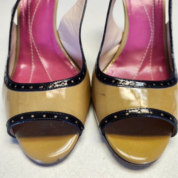 Kate Spade Camel Brown Black Patent Leather Peep Toe Stiletto Heels, 8.5 AA - Picture 4 of 9